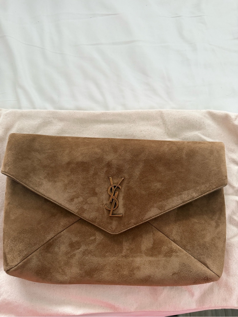 Saint Laurent Tan Suede Envelope Clutch with Gold YSL Monogram